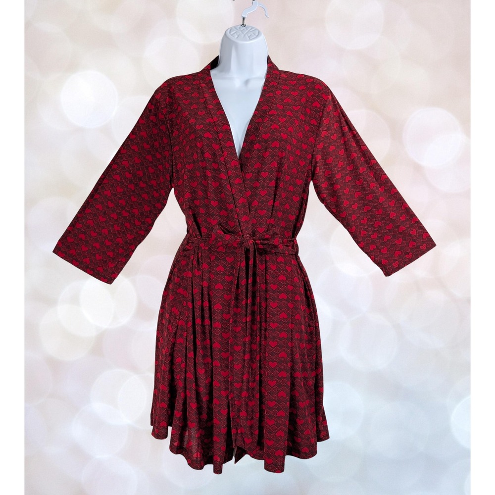 Rene Rofe Sz M Sleepwear Women's Red Heart Print Robe Kimono Style